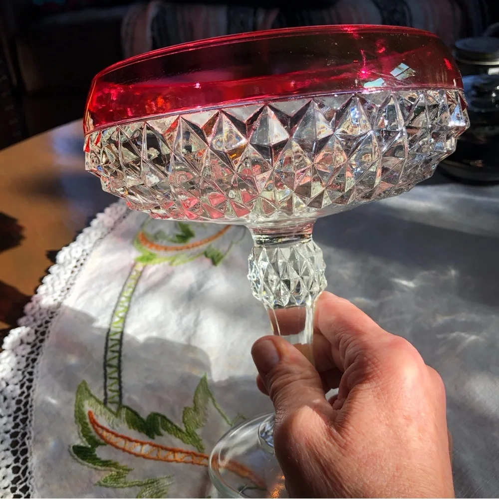 Vintage Indiana Glass Diamond Cut Pedestal Compote Dish. Ruby Flashing. 7.5